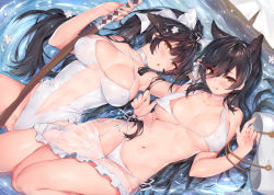 Rule 34 | 2girls, :o, animal ears, atago (azur lane), atago (summer march) (azur lane), azur lane, bare arms, bikini, bikini pull, black hair, breasts, closed mouth, clothes pull, flower, hair flaps, hair flower, hair ornament, halterneck, holding, large breasts, licking lips, long hair, looking at viewer, lying, multiple girls, navel, obiwan, on back, one-piece swimsuit, ponytail, side-tie bikini bottom, skindentation, smile, stomach, swimsuit, sword, takao (azur lane), takao (beach rhapsody) (azur lane), tongue, tongue out, very long hair, weapon, white bikini, white flower, white one-piece swimsuit, yellow eyes