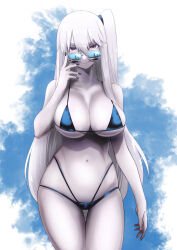 Rule 34 | 1girl, abyssal ship, aircraft carrier princess, bikini, blue bikini, blue nails, breasts, brown eyes, cleavage, colored skin, grey skin, hair between eyes, highres, ishii hisao, kantai collection, large breasts, long hair, looking at viewer, nail polish, one side up, pale skin, simple background, smile, solo, sunglasses, swimsuit, very long hair, white hair