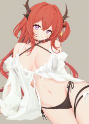 Rule 34 | 1girl, arknights, bare shoulders, bikini, cherry, cowboy shot, food, food in mouth, fruit, grey background, groin, hair rings, highres, long hair, looking at viewer, mouth hold, navel, purple eyes, red hair, risshu, simple background, solo, standing, stomach, surtr (arknights), surtr (colorful wonderland) (arknights), swimsuit, thighs