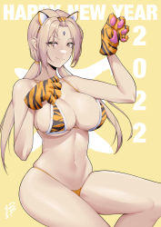 Rule 34 | 1girl, 2022, absurdres, alternate hairstyle, animal ears, animal hands, bare arms, bare legs, bare shoulders, bikini, blonde hair, breasts, cleavage, closed mouth, collarbone, commentary request, damobelmont, dot nose, facial mark, fake animal ears, forehead, forehead mark, fur trim, hair ornament, hand up, happy new year, highres, large breasts, long hair, looking at viewer, low twintails, mature female, naruto, naruto (series), navel, new year, parted bangs, paw pose, shadow, signature, sitting, solo, split mouth, stomach, string bikini, swimsuit, thighs, thong, tiger stripes, tsunade (naruto), twintails, v-shaped eyebrows, yellow eyes