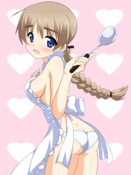 Rule 34 | 00s, 1girl, apron, ass, blue eyes, blush, braid, breasts, brown hair, dimples of venus, ladle, looking back, lynette bishop, medium breasts, naked apron, nearly naked apron, no bra, open mouth, panties, sideboob, single braid, solo, strike witches, ubox, underwear, white panties, world witches series