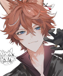 Rule 34 | 1boy, animal ear fluff, animal ears, artist name, black gloves, blue eyes, chibi, chibi inset, closed mouth, collared shirt, commentary request, crossed bangs, earrings, eyelashes, fang, fang out, fox boy, fox ears, genshin impact, gloves, hair between eyes, hand up, jewelry, kemonomimi mode, looking at viewer, male focus, orange hair, portrait, red shirt, shirt, short hair, simple background, single earring, smile, solo, tartaglia (genshin impact), twitter username, ueauwa, upper body, white background