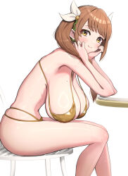 Rule 34 | 1girl, absurdres, bikini, blush, breasts, brown eyes, brown hair, fire emblem, fire emblem engage, folded twintails, gold bikini, goldmary (fire emblem), gonzarez, hair ribbon, hanging breasts, highres, huge breasts, large breasts, long hair, looking at viewer, nintendo, ribbon, sitting, solo, swimsuit