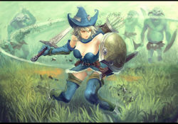 Rule 34 | 1girl, battle, breasts, cleavage, fantasy, goblin, grass, hat, jill (yansun), large breasts, letterboxed, monster, panties, quiver, shield, solo, sword, the elder scrolls, the elder scrolls iv: oblivion, thighhighs, underwear, weapon, witch hat, yansun