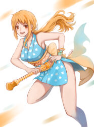 Rule 34 | 1girl, :d, bracelet, breasts, commentary, dress, earrings, hibipp, highres, japanese clothes, jewelry, legs, long hair, looking at viewer, medium breasts, nami (one piece), official alternate costume, one piece, open mouth, orange eyes, orange hair, ponytail, short dress, smile, solo, standing, standing on one leg