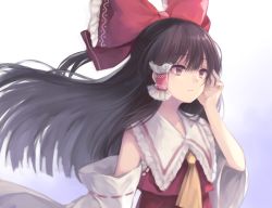 Rule 34 | 1girl, :/, ascot, blurry, bow, brown hair, depth of field, detached sleeves, hair bow, hair tubes, hakurei reimu, highres, kizitora hato, large bow, long hair, looking to the side, red bow, ribbon-trimmed sleeves, ribbon trim, touhou