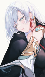 Rule 34 | 1girl, absurdres, bare shoulders, blue eyes, bodysuit, breasts, fanshu, genshin impact, hair ribbon, highres, hugging own legs, long hair, looking away, parted lips, red ribbon, ribbon, shenhe (genshin impact), silver hair, simple background, solo, tress ribbon, upper body, white background