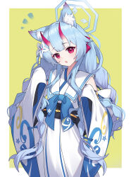 Rule 34 | 1girl, animal ear fluff, animal ears, bare shoulders, blue archive, blue hair, blue halo, blush, braid, cat ears, chise (blue archive), detached sleeves, flower, hair flower, hair ornament, halo, highres, horns, japanese clothes, kimono, long hair, obi, oni horns, open mouth, red eyes, red horns, sash, solo, teallysky, twin braids, white flower, white kimono, white sleeves, wide sleeves