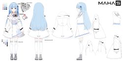Rule 34 | 1girl, absurdres, blue eyes, blue hair, blunt bangs, bow, character sheet, color guide, dinosaurus (azimangasaurus), english text, from side, hair ornament, hairband, highres, long hair, lumi celestia, maha5, multiple views, see-through, simple background, thighhighs, virtual youtuber, white background, white thighhighs