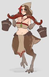 Rule 34 | 1girl, :/, annoyed, arbuz budesh, bandana, bandeau, bare shoulders, belt, belt pouch, bird girl, bird legs, blunt ends, body freckles, body fur, breasts, brown bandana, brown bandeau, brown belt, brown eyes, brown hair, brown headwear, brown tube top, bucket, carrying, carrying pole, claws, collarbone, curvy, digitigrade, eyes visible through hair, freckles, frown, full body, grey background, hair over one eye, harpy, highres, jewelry, large breasts, looking at viewer, medium hair, midriff, monster girl, multicolored hair, multiple necklaces, navel, necklace, original, parted bangs, pelvic curtain, pointy ears, pouch, pout, raised eyebrow, red hair, simple background, skindentation, solo, stomach, strapless, streaked hair, tail, talons, thick thighs, thighs, tube top, two-tone hair, walking, wide hips, wooden bucket