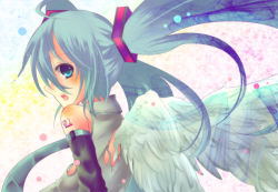Rule 34 | bad id, bad pixiv id, green eyes, green hair, hatsune miku, pochi-t, solo, torn clothes, twintails, vocaloid, wings