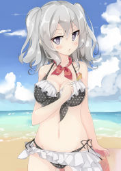 Rule 34 | 10s, 1girl, :o, ascot, beach, beritabo, bikini, blush, breasts, cleavage, cloud, day, female focus, frilled bikini, frills, front-tie top, hair between eyes, kantai collection, kashima (kancolle), large breasts, looking at viewer, navel, ocean, outdoors, polka dot, polka dot bikini, polka dot swimsuit, purple eyes, side-tie bikini bottom, sidelocks, silver hair, skirt, sky, solo, swimsuit, tsurime, twintails, wavy hair