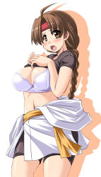 Rule 34 | 1girl, ahoge, alternate color, blush, bra, braid, breasts, brown eyes, brown hair, cleavage, clothes lift, dougi, headband, hip focus, large breasts, lingerie, long hair, navel, open mouth, shadow, shirt lift, single braid, sleeveless, snk, solo, spandex, the king of fighters, tonpuu, underwear, wide hips, yuri sakazaki