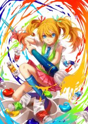 Rule 34 | 1girl, blonde hair, blue necktie, blue socks, blush, brown hair, closed mouth, eyebrows, green ribbon, holding, holding paintbrush, kneehighs, long hair, looking at viewer, multicolored hair, necktie, original, paint splatter, paint tube, paintbrush, palette (object), red ribbon, red skirt, ribbon, short sleeves, skirt, smile, socks, solo, twintails, two-tone hair, ze xia