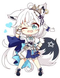 Rule 34 | 1girl, 7:08, ahoge, animal ear fluff, animal ears, blush, braid, chibi, commentary request, earrings, fox ears, fox girl, fox shadow puppet, fox tail, green eyes, hair between eyes, hair ornament, hand on own hip, heart, hololive, hololive idol uniform (bright), jewelry, long hair, looking at viewer, one eye closed, open mouth, pentagram, shirakami fubuki, sidelocks, simple background, single braid, solo, tail, virtual youtuber, white background, white hair