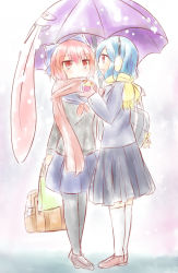 Rule 34 | 2girls, :d, backpack, bag, blue hair, blush, contemporary, cupcake, earmuffs, heart, heart-shaped pupils, jitome, charm (object), loafers, multiple girls, open mouth, pantyhose, puchimirin, red eyes, red hair, scarf, sekibanki, shared umbrella, shoes, shopping bag, skirt, skull and crossbones, smile, snow, snowing, symbol-shaped pupils, tatara kogasa, thighhighs, touhou, umbrella, yuri
