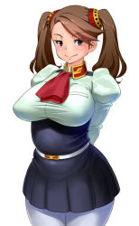 Rule 34 | 10s, 1girl, arms behind back, ascot, belt, belt buckle, breasts, brown eyes, brown hair, buckle, female focus, gundam, gundam build fighters, gundam build fighters try, hair ornament, high-waist skirt, highres, large breasts, long hair, long twintails, looking at viewer, miniskirt, pantyhose, red-p, sazaki kaoruko, shirt, simple background, skirt, smile, solo, standing, taut clothes, taut shirt, twintails, uniform, white background