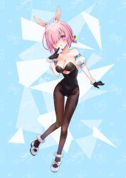 Rule 34 | 1girl, absurdres, alternate costume, animal ear fluff, animal ears, black gloves, black leotard, black pantyhose, blue background, blush, breasts, carrot hair ornament, cleavage, clothing cutout, covered navel, detached sleeves, fate/grand order, fate (series), finger to mouth, food-themed hair ornament, full body, fur-trimmed gloves, fur trim, gloves, hair ornament, harukappa, highres, kemonomimi mode, leotard, looking at viewer, low twintails, mash kyrielight, medium breasts, medium hair, open mouth, pantyhose, pink hair, purple eyes, rabbit ears, short sleeves, short twintails, solo, strapless, strapless leotard, thigh gap, twintails, underboob, underboob cutout, white sleeves