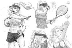 Rule 34 | 1girl, 1other, abs, ball, camera, crop top, dripping, eyelashes, flying sweatdrops, gumbat, heart, monochrome, muscular, muscular female, open mouth, original, racket, shirt, short shorts, short sleeves, shorts, signature, simple background, sketch, sweat, nervous sweating, t-shirt, tennis, tennis ball, tennis racket, towel, visor cap, wet, white background, wiping face, wiping sweat, wrist cuffs