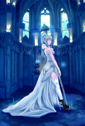 Rule 34 | ajks, architecture, bad id, bad pixiv id, bare shoulders, blonde hair, boots, church, dress, closed eyes, gloves, gothic architecture, high heels, highres, long hair, looking back, original, ponytail, shoes, solo, staff, thighhighs, weapon, wedding dress