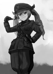 Rule 34 | 10s, 1girl, anchovy (girls und panzer), bad id, bad pixiv id, belt, brown eyes, drill hair, female focus, furukawa herzer, girls und panzer, gloves, gradient background, greyscale, hat, highres, image sample, long hair, military, military hat, military uniform, monochrome, outdoors, riding crop, simple background, sketch, sky, smile, solo, twin drills, uniform, white background