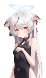 Rule 34 | 1girl, animal ears, bare arms, bare shoulders, black dress, blue archive, breasts, brown eyes, closed mouth, covered navel, dress, ears down, halo, highres, ju-ok, kokona (blue archive), long hair, looking at viewer, multicolored hair, no panties, pelvic curtain, sleeveless, sleeveless dress, small breasts, solo, streaked hair, striped clothes, striped dress, tearing up, upper body, very long hair, white hair