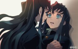 Rule 34 | 2boys, alternate universe, aqua hair, black hair, brothers, brown background, dalc rose, demon slayer uniform, dutch angle, eye contact, face-to-face, floating hair, hand grab, hand up, kimetsu no yaiba, long hair, looking at another, male focus, multicolored hair, multiple boys, open mouth, siblings, streaked hair, sweat, tokitou muichirou, tokitou yuichirou, twins, twitter username, upper body, white background, worried