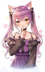 1girl, :3, animal ear fluff, animal ears, bangs, bare shoulders, black choker, black dress, black nails, blush, breasts, cat ears, choker, commentary request, dress, dress bow, eyebrows visible through hair, finger to mouth, fingernails, frilled choker, frilled dress, frills, hair ribbon, hand up, high-waist skirt, highres, long sleeves, looking at viewer, luzzi (milllim), medium breasts, multicolored hair, musubime, nail polish, off-shoulder dress, off shoulder, orange eyes, pink hair, pleated skirt, purple hair, purple skirt, ribbon, skirt, solo, tsukiyomi yomi, twintails, two-tone hair, virtual youtuber