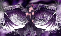 Rule 34 | 10s, 1girl, akemi homura, akuma homura, argyle, argyle clothes, argyle legwear, bad id, bad pixiv id, bare shoulders, black gloves, black hair, black wings, bow, choker, covering own mouth, dress, elbow gloves, feathered wings, gloves, hair bow, hand over own mouth, hand to own mouth, highres, long hair, looking at viewer, mahou shoujo madoka magica, mahou shoujo madoka magica: hangyaku no monogatari, outline, paisen, purple eyes, sitting, smile, solo, spoilers, thighhighs, white outline, wings