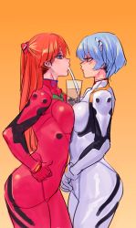 Rule 34 | 2girls, archvermin, ayanami rei, blue eyes, blue hair, bodysuit, breast press, bubble tea, cup, disposable cup, drinking, drinking straw, eye contact, gloves, gradient background, highres, long hair, looking at another, multiple girls, neon genesis evangelion, orange background, orange hair, plugsuit, red bodysuit, red eyes, red gloves, short hair, simple background, sketch, souryuu asuka langley, standing, symmetrical docking, white bodysuit, white gloves