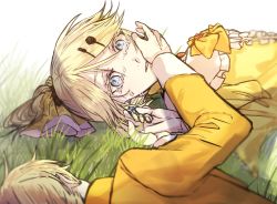 Rule 34 | 1boy, 1girl, allen avadonia, blonde hair, blue eyes, bow, brother and sister, choker, colored eyelashes, comforting, comforting, crying, crying with eyes open, dress, dress bow, earrings, evillious nendaiki, frilled dress, frills, grass, hair bow, hair ornament, hairclip, hand on another&#039;s cheek, hand on another&#039;s face, highres, holding hands, jacket, jewelry, kagamine len, kagamine rin, lying, nail polish, on back, on side, orange jacket, riliane lucifen d&#039;autriche, siblings, solo focus, streaming tears, tearing up, tears, twins, updo, vocaloid, warabi (danngo-mitarasi), wide-eyed, yellow bow, yellow dress, yellow nails