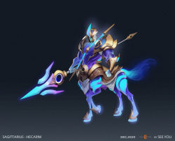 Rule 34 | 1boy, alternate costume, armor, artist name, black background, bow (weapon), centaur, character name, clenched hand, colored skin, gradient background, green skin, grey background, hecarim, holding, holding polearm, holding weapon, hooves, lance, league of legends, no shirt, polearm, purple skin, sagittarius (zodiac), see you, shoulder armor, solo, taur, weapon, zodiac