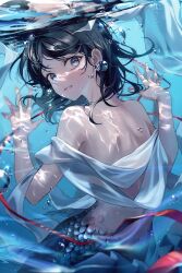 Rule 34 | 1girl, absurdres, against wall, air bubble, back, black hair, blue eyes, blush, bubble, cowboy shot, highres, looking at viewer, mermaid, monster girl, nude, original, parted lips, scales, short hair, solo, submerged, underwater, unwoo770122, water