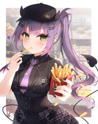 Rule 34 | 1girl, absurdres, black headwear, black nails, black shirt, blush, demon girl, demon horns, demon tail, demon wings, ear piercing, eating, food, food in mouth, french fries, green eyes, hair ornament, hairclip, heart, highres, holding, holding food, hololive, horns, long hair, looking at viewer, magaqq123, multicolored hair, nail polish, necktie, piercing, pink hair, plaid, plaid skirt, purple hair, purple necktie, purple skirt, shirt, side ponytail, skirt, solo, streaked hair, tail, tail ornament, tail piercing, tail raised, tokoyami towa, virtual youtuber, wcdonald&#039;s, wings