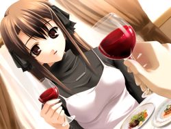 Rule 34 | 1girl, :d, breasts, brown eyes, brown hair, cup, dress, drinking glass, dutch angle, food, fujimi setsuna, fumio (ura fmo), game cg, hair between eyes, hair ornament, hairclip, holding, holding cup, jewelry, long hair, long sleeves, medium breasts, necklace, official art, open mouth, pinafore dress, sleeveless, sleeveless dress, smile, solo focus, sweater, turtleneck, turtleneck sweater, white dress, wine glass, yukiuta