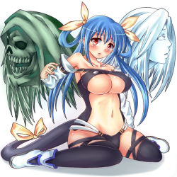 Rule 34 | 1girl, arc system works, asymmetrical wings, bare shoulders, black thighhighs, blue hair, blush, breasts, cleavage, detached sleeves, dizzy (guilty gear), gagaga, guilty gear, hair ribbon, large breasts, navel, necro (guilty gear), red eyes, ribbon, sitting, tail, tail ornament, tail ribbon, thighhighs, underboob, undine (guilty gear), wariza, wings