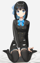 Rule 34 | 1girl, absurdres, ange relink, apollo (hu maple), between legs, black hair, black jacket, black skirt, blazer, blue bow, blue bowtie, blue eyes, blue hair, bob cut, bow, bowtie, breasts, collared shirt, colored inner hair, commentary request, facing viewer, fingernails, full body, hand between legs, highres, jacket, light blush, long sleeves, looking at viewer, medium breasts, multicolored hair, pleated skirt, shirt, simple background, sitting, skirt, smile, solo, sora (ange relink), split mouth, thighhighs, uniform, wariza, white background, white shirt, zettai ryouiki