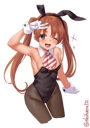 Rule 34 | 1girl, ;d, animal ears, arm up, bare shoulders, black hairband, black leotard, blush, breasts, brown eyes, brown hair, brown pantyhose, collar, commentary request, covered navel, cropped legs, detached collar, diagonal-striped neckwear, ebifurya, fake animal ears, fang, gloves, groin, hairband, highres, kantai collection, leotard, libeccio (kancolle), long hair, looking at viewer, one eye closed, open mouth, pantyhose, playboy bunny, rabbit ears, simple background, small breasts, smile, solo, strapless, strapless leotard, striped neckwear, twintails, twitter username, very long hair, white background, white collar, white gloves, wing collar