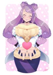 Rule 34 | 1girl, blush, breasts, cleavage, closed eyes, creatures (company), earrings, flower earrings, game freak, heart, highres, jewelry, lab coat, large breasts, light purple hair, long hair, long sleeves, miriam (pokemon), nintendo, off-shoulder sweater, off shoulder, pink lips, pokemon, pokemon sv, purple skirt, ribbed sweater, skirt, striped clothes, striped skirt, sweater, swept bangs, weepinbelly, yellow nails, yellow sweater