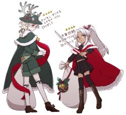 Rule 34 | 2boys, aged down, amakusa shirou (fate), amakusa shirou (third ascension) (fate), antlers, black legwear, boots, brown footwear, cape, child, cross-laced footwear, crossdressing, deer tail, edmond dantes (fate), fate/apocrypha, fate/grand order, fate (series), fur trim, green cape, green shorts, horns, lace-up boots, legwear garter, long hair, looking at viewer, male focus, multiple boys, ponytail, red cape, red eyes, santa costume, school uniform, serafuku, shorts, simple background, skirt, socks, sword, tail, thighhighs, translation request, weapon, white background, white hair, white legwear, yellow eyes