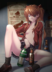 Rule 34 | 10s, 1girl, absurdres, alcohol, arm support, beer, blue eyes, bottle, breasts, censored, convenient censoring, evangelion: 3.0 you can (not) redo, eyepatch, german text, guinness (beer), highres, kurotengu, long hair, long legs, neon genesis evangelion, no bra, open clothes, open shirt, orange hair, rebuild of evangelion, shirt, sitting, skirt, small breasts, smile, solo, souryuu asuka langley, spread legs