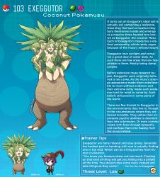 Rule 34 | 1boy, 3girls, artist name, character name, character profile, character sheet, commentary, creatures (company), dryad, english commentary, english text, exeggutor, game freak, gen 1 pokemon, green hair, hat feather, highres, kinkymation, monster girl, multiple girls, nintendo, personification, plant girl, poke ball, poke ball (basic), pokemon, purple hair, tree