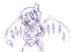 Rule 34 | 1girl, ascot, female focus, flandre scarlet, h-new, hat, head tilt, monochrome, purple theme, raised eyebrow, short hair, side ponytail, sketch, solo, tongue, touhou, traditional media, wings