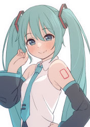 Rule 34 | 1girl, aqua eyes, aqua hair, aqua necktie, bare shoulders, black sleeves, blush, breasts, commentary, curled fingers, detached sleeves, hair between eyes, hand on own hip, hand up, hatsune miku, highres, long hair, looking at viewer, natuich, necktie, playing with own hair, shirt, simple background, sleeveless, sleeveless shirt, small breasts, smile, solo, twintails, upper body, very long hair, vocaloid, white background