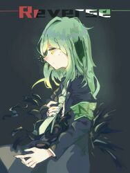 Rule 34 | 1boy, armband, black jacket, closed mouth, commentary, english text, from side, green armband, green hair, green necktie, highres, jacket, lobotomy corporation, long hair, long sleeves, male focus, necktie, netzach (project moon), open clothes, open jacket, project moon, ryou (sulfurrr), shirt, solo, upper body, white shirt, yellow eyes