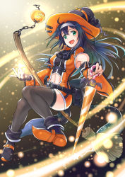 Rule 34 | 1girl, ahoge, aqua eyes, black gloves, black thighhighs, blue hair, boots, breasts, broom, broom riding, clothing cutout, detached sleeves, dress, fingerless gloves, fire emblem, fire emblem: path of radiance, fire emblem: radiant dawn, fire emblem heroes, full body, gloves, hairband, halloween, halloween costume, hat, jack-o&#039;-lantern, light particles, long hair, looking at viewer, medium breasts, mia (fire emblem), midriff, navel, navel cutout, neckerchief, nintendo, open mouth, short dress, skin tight, smile, solo, soyo2106, thighhighs, wide sleeves, witch hat, zettai ryouiki