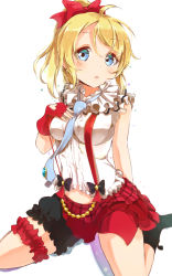 Rule 34 | 10s, 1girl, arm support, ayase eli, bare arms, between breasts, blonde hair, blue eyes, blue necktie, blush, bokura wa ima no naka de, breasts, bridal garter, fingerless gloves, gloves, hair ribbon, hand on own chest, looking at viewer, love live!, love live! school idol project, medium breasts, midriff, necktie, necktie between breasts, pachi (sugiyama0306), ponytail, red ribbon, ribbon, sitting, solo, suspenders, thighs, wariza, white background