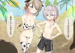 Rule 34 | 2girls, 5others, absurdres, animal ears, animal print, arm under breasts, azur lane, bare shoulders, beat angel escalayer, bikini, black male swimwear, black swim trunks, blue eyes, blush, bow, breasts, cleavage, collarbone, commentary request, cosplay request, cow ears, cow horns, cow print, cow print bikini, cow print thighhighs, cow tail, cowboy shot, crossdressing, crossed bangs, drawstring, elbow gloves, embarrassed, exhibitionism, fake animal ears, fake horns, fake tail, flat chest, gloves, groin, hair between eyes, hair bow, hair ornament, hand on own hip, head tilt, highres, holding, holding removed eyewear, horns, innertube, legs together, light brown hair, long hair, low ponytail, male swimwear, male swimwear challenge, manatu kato, medium breasts, midriff, multiple girls, multiple others, navel, nipples, outdoors, palm leaf, parted lips, pool, print bikini, print thighhighs, public indecency, purple eyes, shadow, short hair, sidelocks, spread legs, standing, stomach, sunglasses, swim ring, swim trunks, swimsuit, tail, thighhighs, thought bubble, tomboy, topless, translation request, unworn eyewear, water, white bikini, white gloves, white hair, white thighhighs, z1 leberecht maass (azur lane), z23 (azur lane)