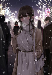 Rule 34 | 1girl, bag, bag charm, blurry, blush, breasts, breath, brown coat, brown hair, charm (object), coat, commentary, depth of field, dress, english commentary, girls&#039; frontline, hair between eyes, hair ornament, hairclip, hand up, handbag, highres, holding, holding bag, large breasts, long hair, looking at viewer, m4a1 (girls&#039; frontline), multicolored hair, open clothes, open coat, open mouth, outdoors, scarf, selcky, snowing, solo focus, streaked hair, white bag, white dress, white scarf, yellow eyes