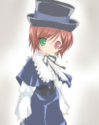 Rule 34 | 00s, 1girl, bad id, bad pixiv id, blue dress, brown hair, collar, core (mayomayo), cowboy shot, doll, dress, frills, green eyes, heterochromia, long sleeves, looking at viewer, red eyes, rozen maiden, short hair, simple background, solo, souseiseki, white background
